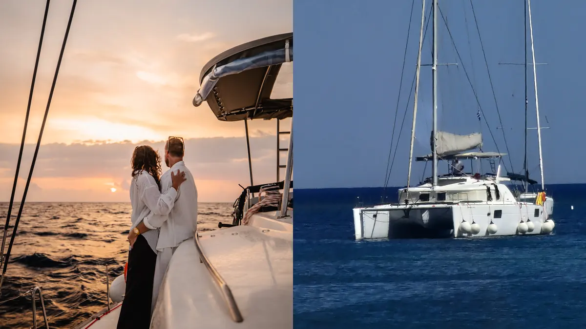 Split view of Santorini sunset cruise light versus daytime cruise blue water