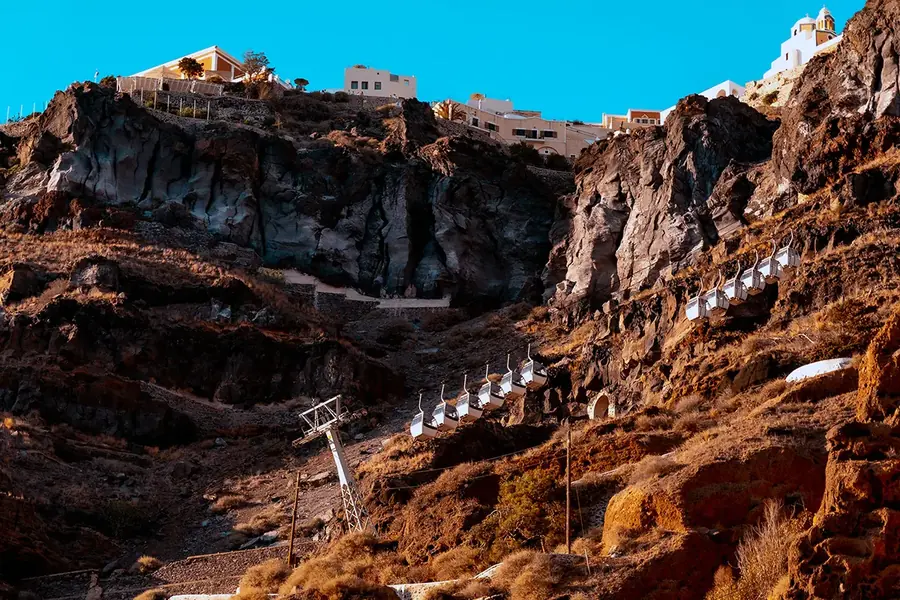 The old port of Fira below the caldera cliffs, the cable car climbing to the town above
