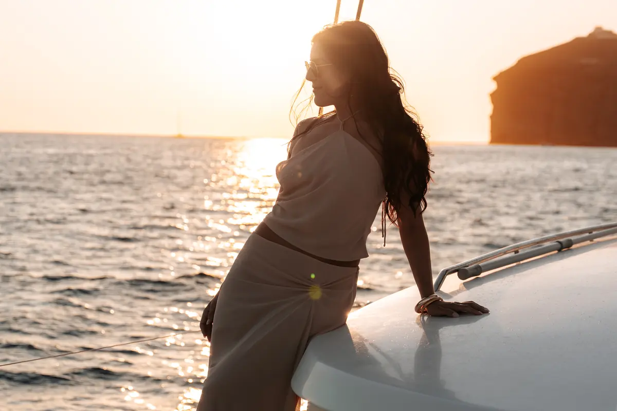 Golden hour on deck during the sunset catamaran cruise